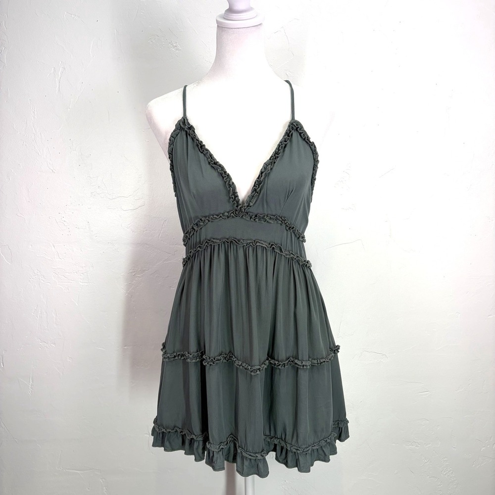 Shein Tiered Ruffle Cami Sundress Size S (4) Olive Green Boho Babydoll Festival